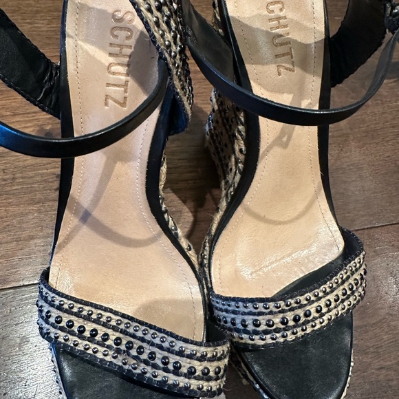 Schutz Black and Natural Espadrille Wedge Sandals with Stud Accents - Picture 4 of 11